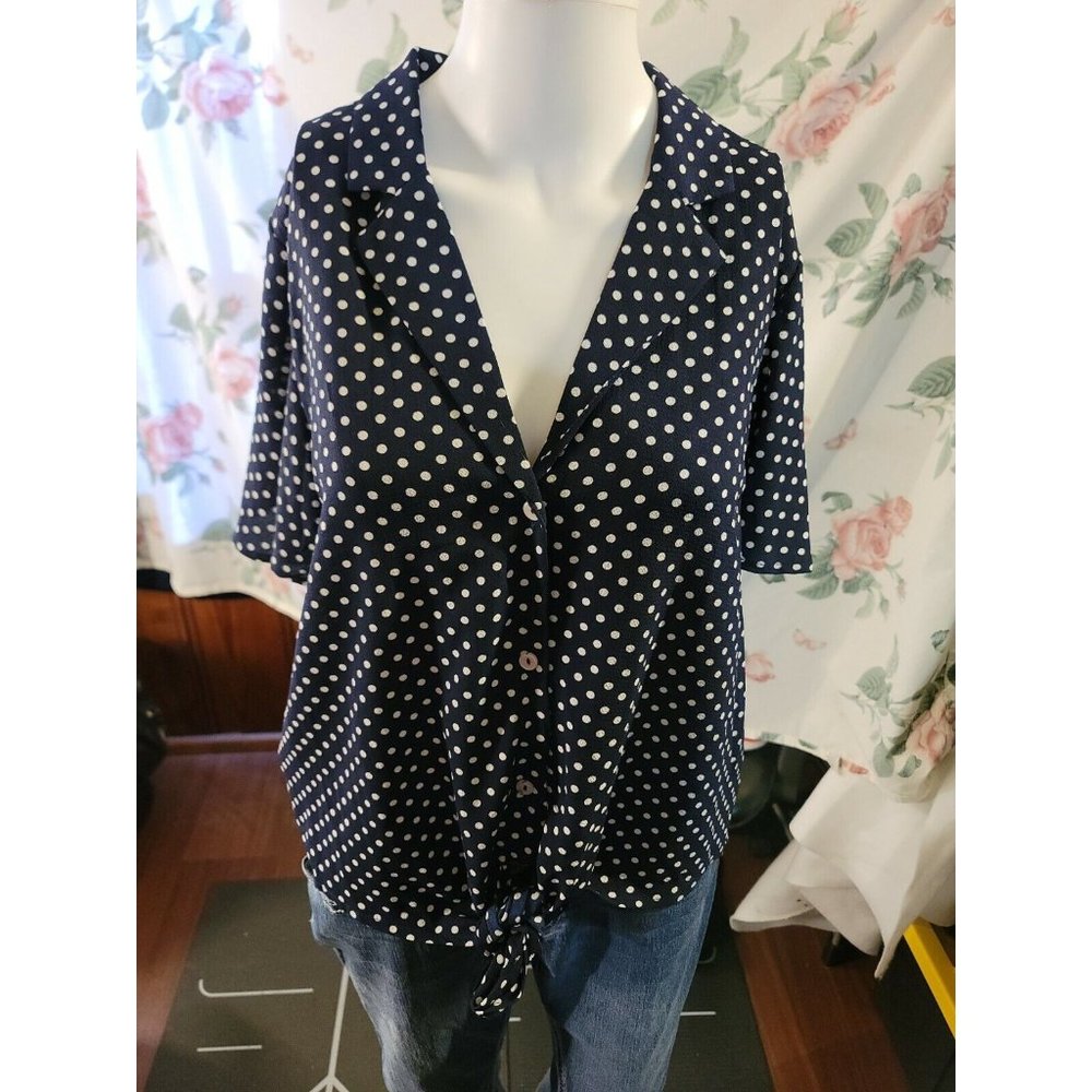 Monteau Blue White Polka Dot Button Up Shirt Tie Front Short Sleeve Sz L